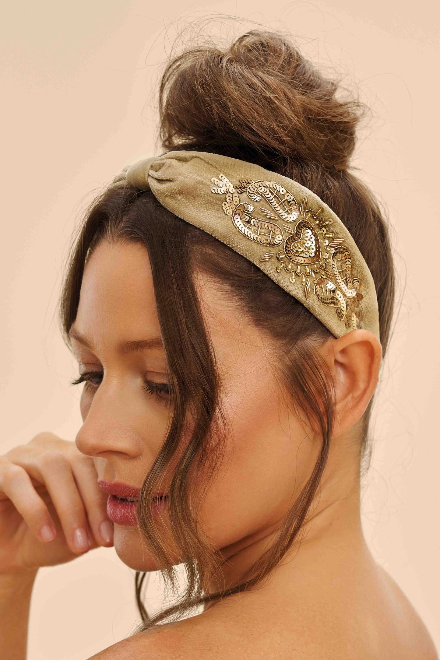 Velvet Embellished Headband, Sage Heart