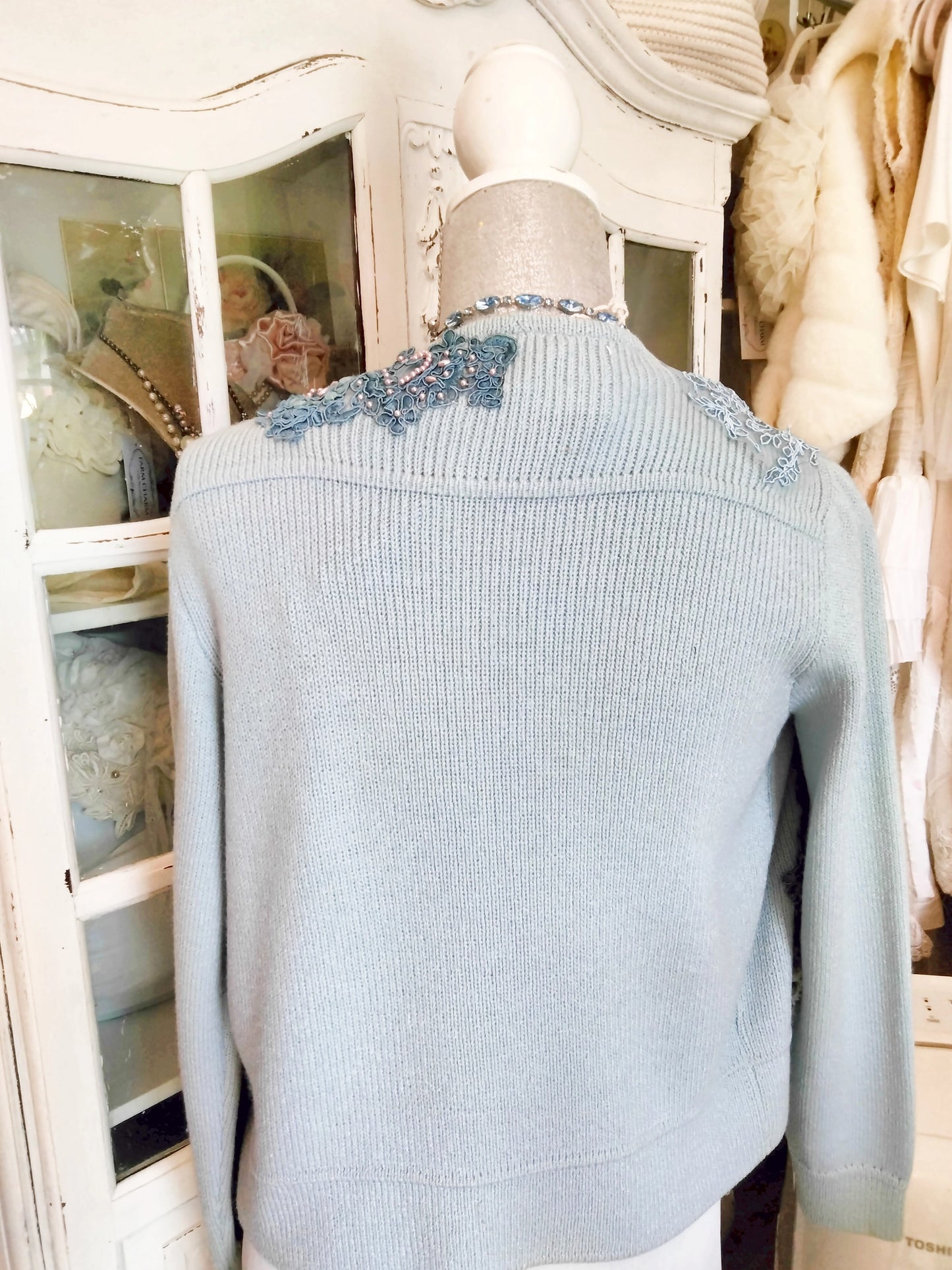 Upcycled baby blue St. John sweater cardi