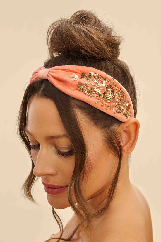 Velvet Embellished Headband, Coral Heart