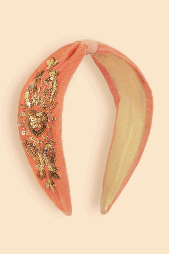 Velvet Embellished Headband, Coral Heart