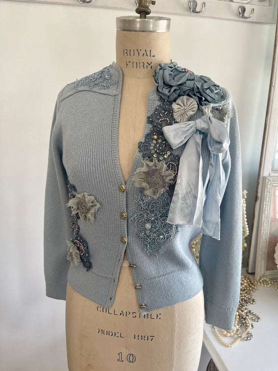 Upcycled baby blue St. John sweater cardi