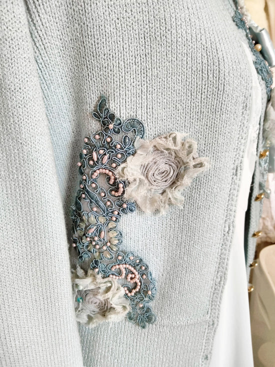 Upcycled baby blue St. John sweater cardi