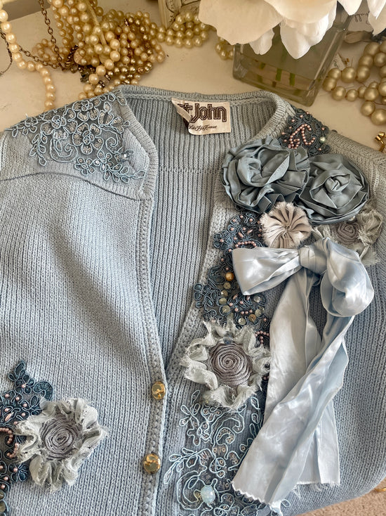 Upcycled baby blue St. John sweater cardi