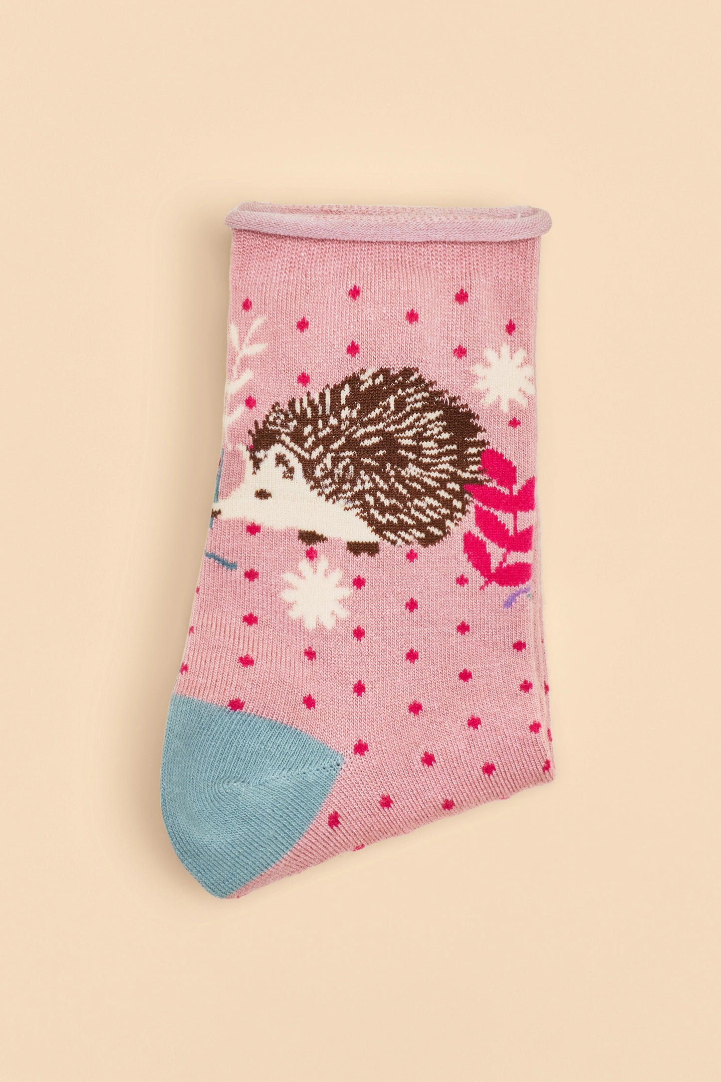 Hedgehog Hunting in Leaves Angle Socks, Petal