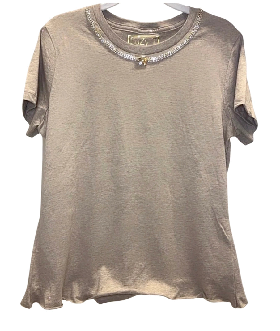 Crystal & Gold Rhinestone Tee, Heather Latte