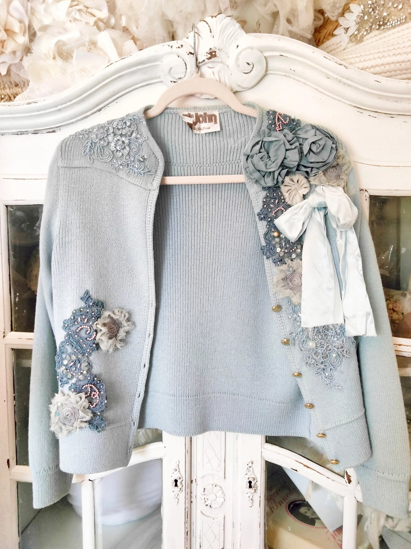 Upcycled baby blue St. John sweater cardi