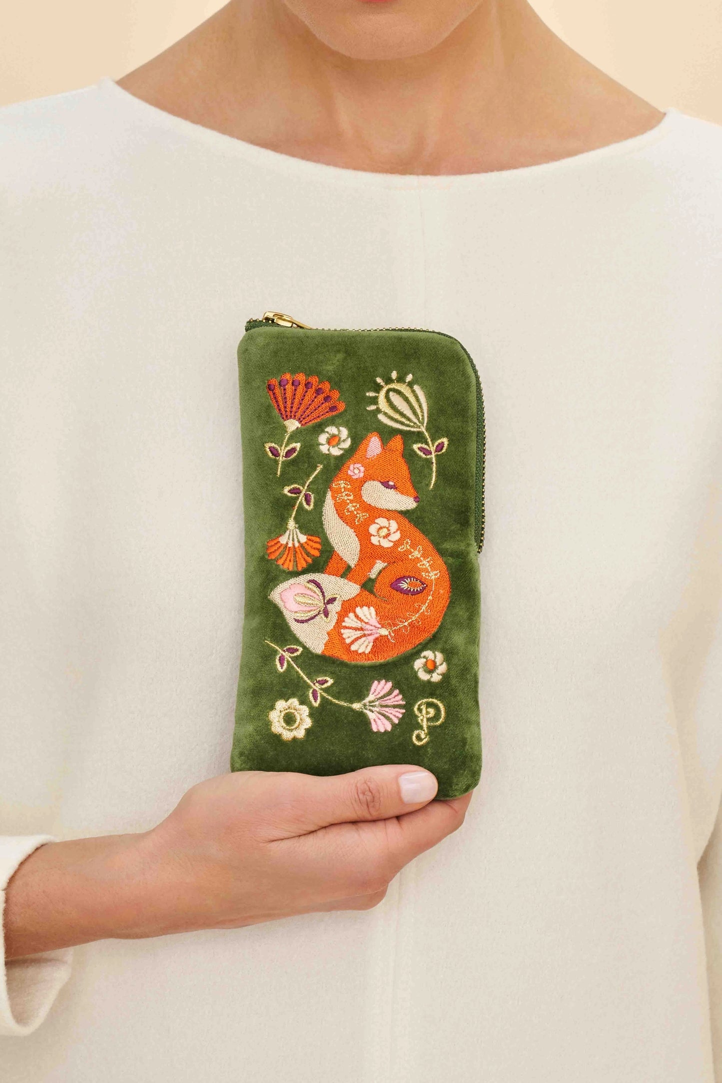 Velvet Embroidered Glasses Pouch, Scandinavian Fox